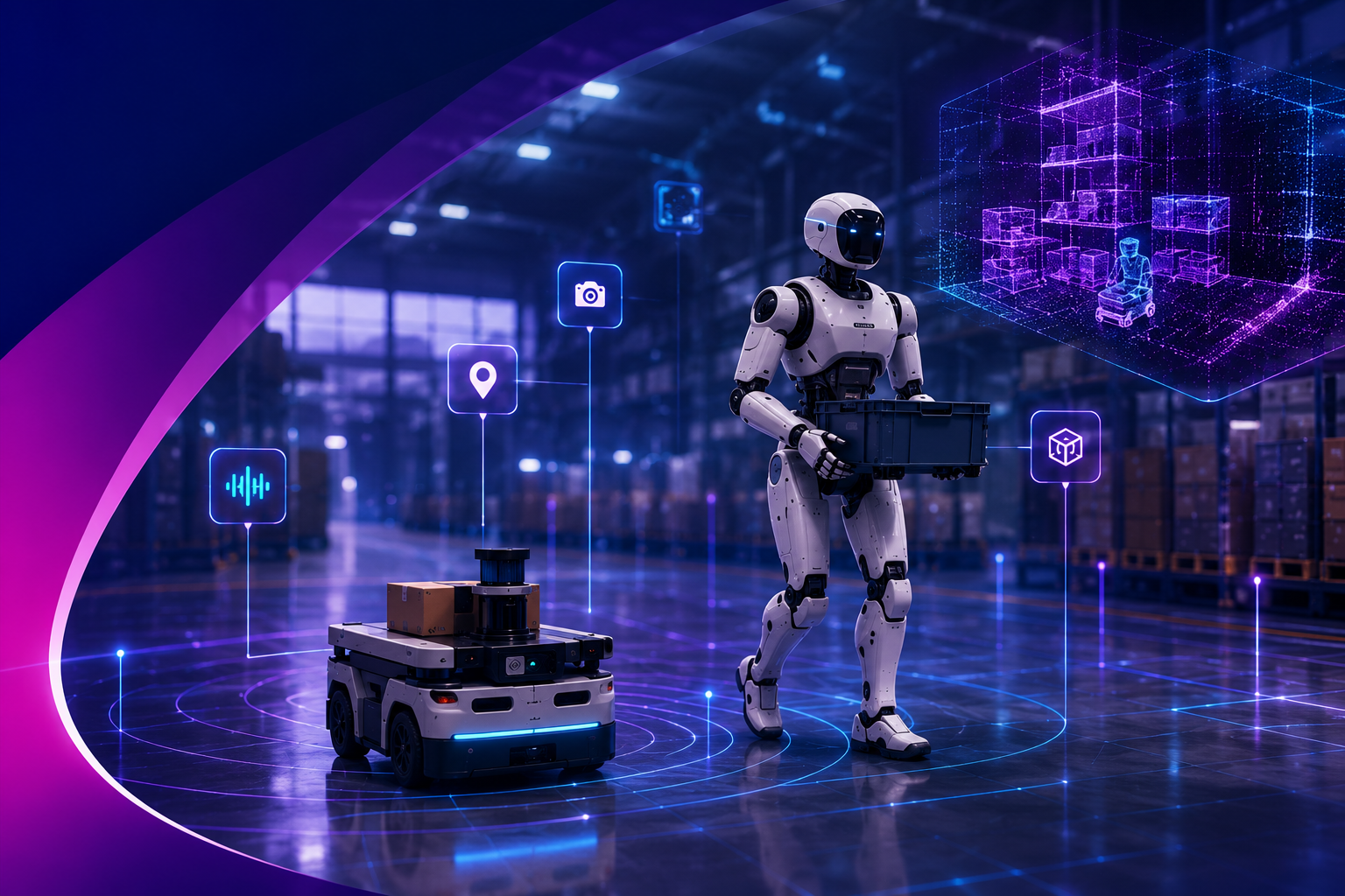 Humanoid and autonomous mobile robot working a warehouse floor, instrumented with multi-sensor capture points feeding a 3D digital-twin — illustrating multi-sensor Physical-AI data collection