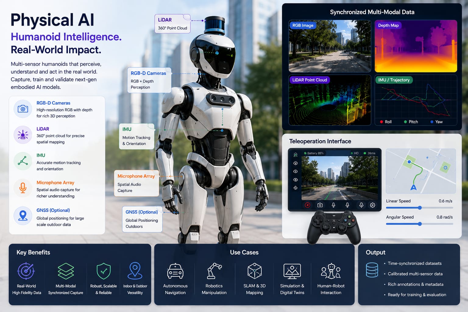 Multi-sensor humanoid capture and 3D annotation illustrating the Multivision Egocentric Video Dataset (First-Person, Multi-View) physical-AI dataset